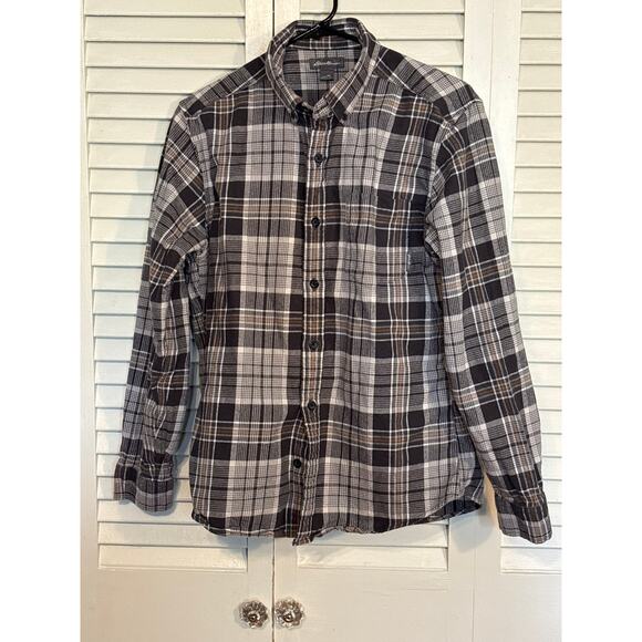 EDDIE BAUER Shirt Mens Medium Button Down Flannel Long Sleeve Gray/Mustard Plaid - Picture 1 of 5